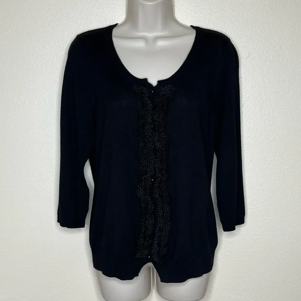 Talbots Silk Blend Button Front Polka Dot Ruffle Black Cardigan Womens Medium